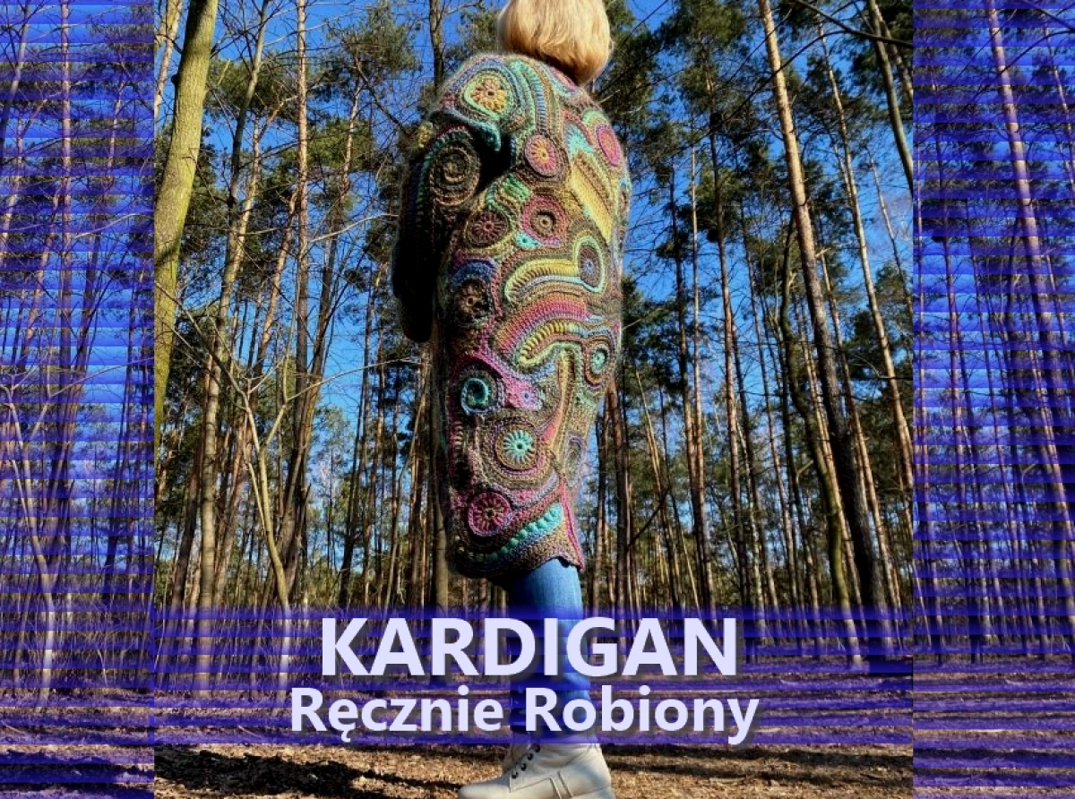 Ręcznie robiony, modny, kolorowy kardigan- płaszcz dla indywidualistki