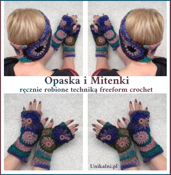 opaska i mitenki recznie robione na drutach szydelku kolor unikalni pl