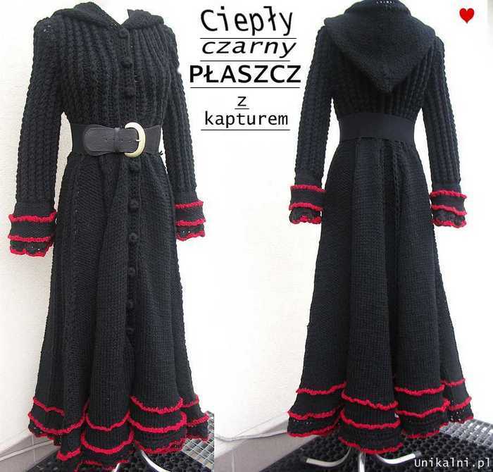 plaszcz czarny recznie robiony na drutach unikalni pl